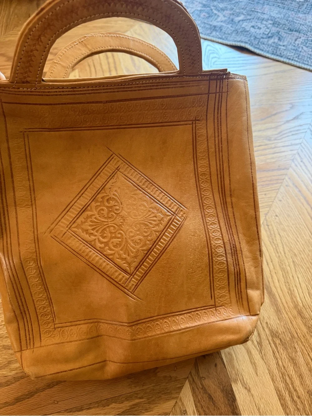 Vintage Embossed Genuine Leather Tote Bag Tan Boho Artisan
